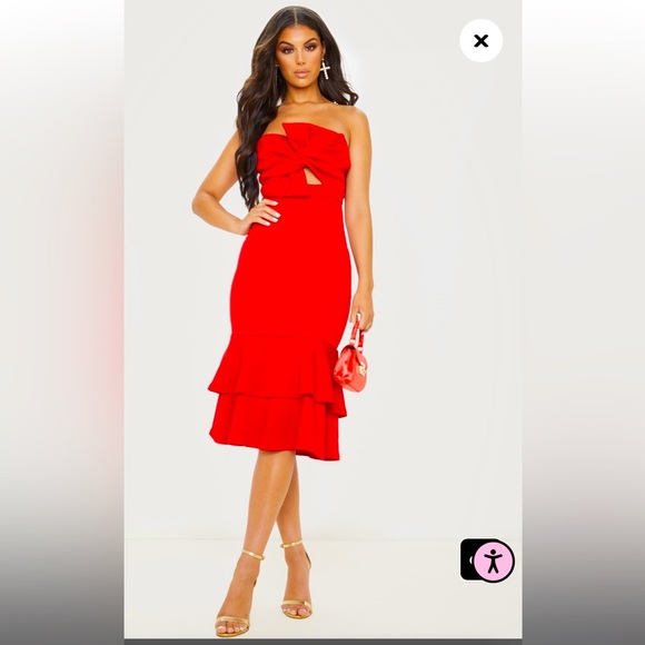 Red Mermaid Strapless with Bow Midi Dress - Pretty Little Thing - UK8/US4 - Picture 1 of 8